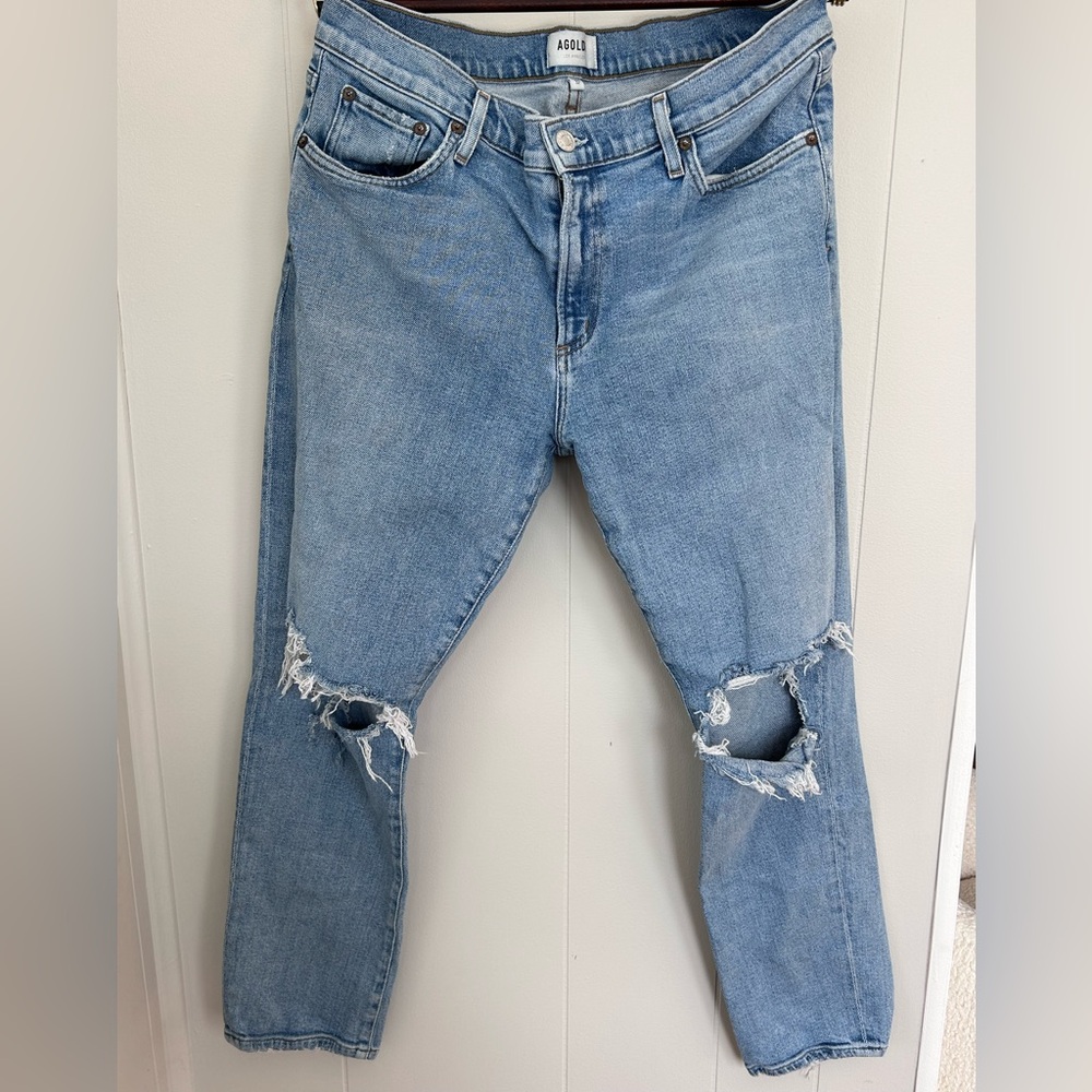Agolde Light Blue Distressed Straight Leg Jeans